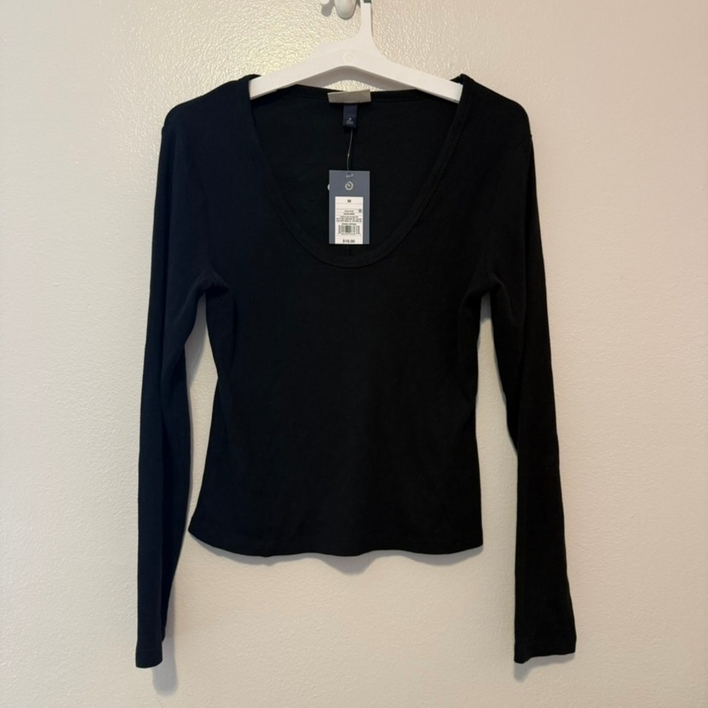 Universal Thread Womens Ribbed Long Sleeve Scoop Neck Top Black M NEW